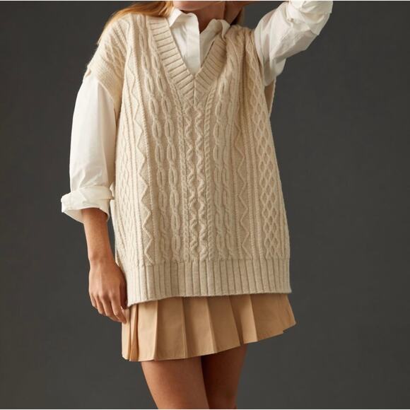 By Anthropologie | Ivory Oversized Preppy Cable Knit Sweater Vest XXS - Picture 15 of 15
